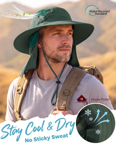 Home Prefer UPF 50+ Sun Hat with Neck Flap Wide Brim Fishing Hat for Men - color: Forest Green
