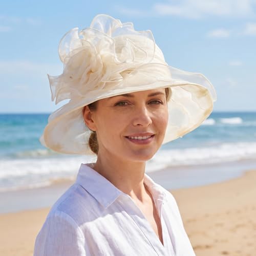 Women Vintage Organza Bowler Hat with Flower Decor, Breathable Wide Brim Sun Hat for Wedding Church Tea Party Travel - color: Beige