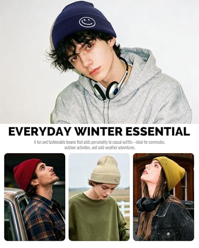 CLAPE Beanie Hat for Men, Cute Embroidery Smiley Face Winter Hat Women Outdoor Ski Snowboarding Knit Cuffed Fisherman Beanie - color: Kh27-white