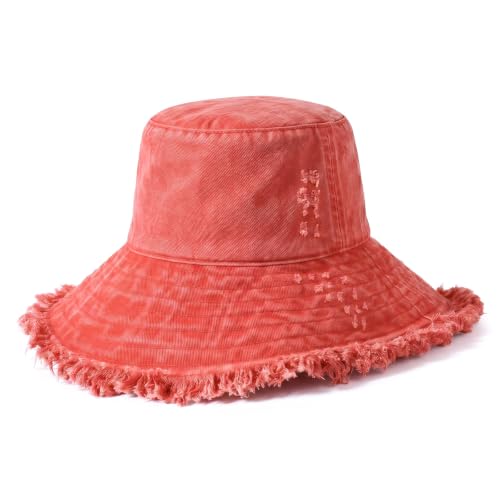 CHOK.LIDS Frayed Bucket Hat Washed Cotton Floppy Wide Brim Boonie Cap - color: Scarlet