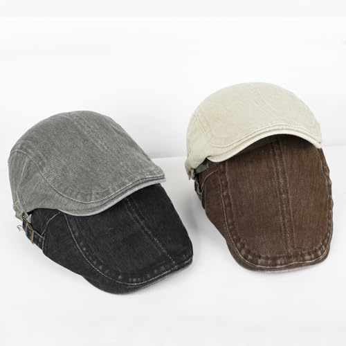 3Pcs Men's Newsboy Caps Cotton Cooling Hat Adjustable Flat Cap for Men - color: Washed 2-black+darkgrey+coffee