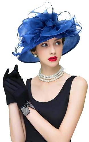 Organza Fascinator Hat - Women’s Wide Brim Church Bridal Tea Party Wedding Hat - color: 01a-navy Blue