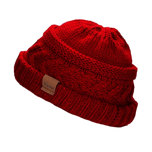 Rosoz 2 Pack Ponytail Beanie for Women,Winter Warm Beanie Tail Soft Stretch Cable Knit Messy High Bun Hat - color: 1pack-wine Red