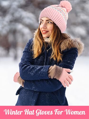 JaGely 6 Pcs Women Winter Beanie Hat Gloves Set Warm Knitted Hats and Touchscreen Gloves Lady Cold Winter Gifts for Christmas - color: Beige, Pink and Grey