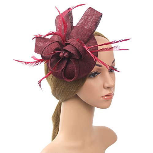 Specell Women's Handmade Tea Party Fascinator Hat, Pillbox Derby Hat with Feather Hair Clip, Elegant Formal Fashion Headwear. - color: A-a-wine Red