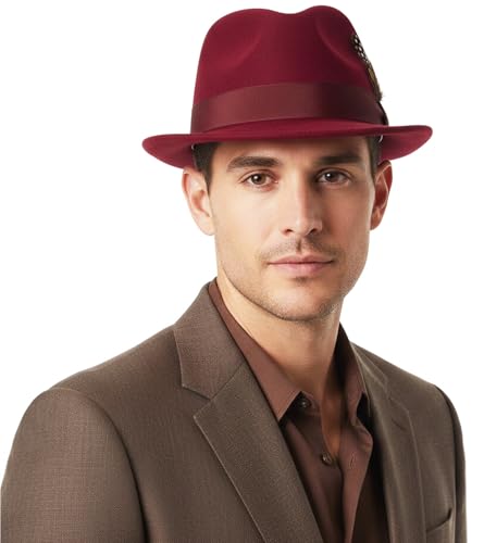 Lisianthus Short Brim Fedora Unisex Trilby Hat with Feather Band - color: Wine Red
