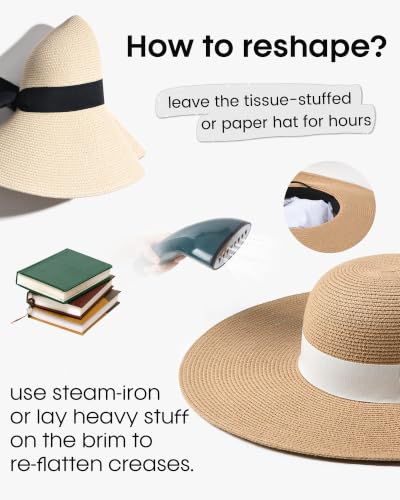 FURTALK Womens Sun Straw Hat Wide Brim Floppy Summer Beach Hats for Women - color: Khaki With Beige Band, size: Large-X-Large