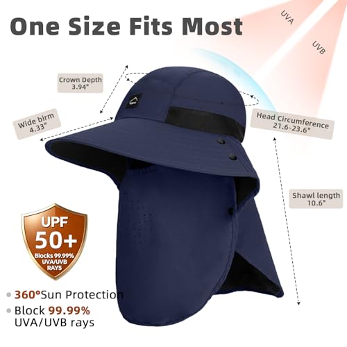 Outdoor Sun Hat for Men Women, UPF 50+ Safari Cap Fishing Hat with Detachable Face Cover & Neck Flap Beach Garden Hiking - color: 1pack-navy