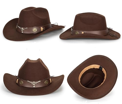Black Cowboy Cowgirl Hat for Women Men Western Style Wide Brim Felt Fedora Panama Hat with Detachable Belt Buckle - color: Coffee-bull Head