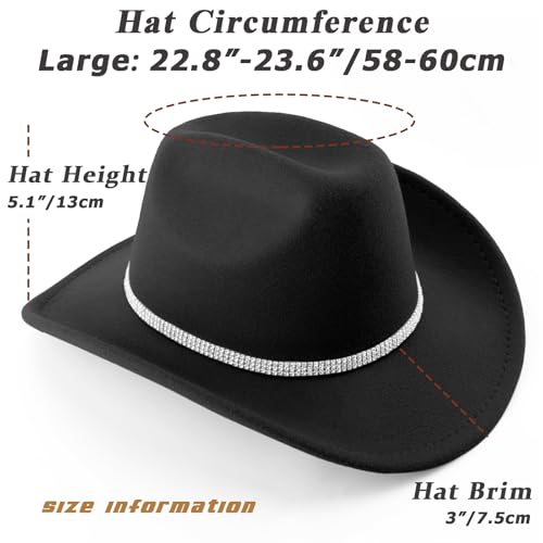 Western Cowboy Hats for Women Classic Felt Wide Brim Fedora Hat with Belt Buckle Retro Panama Hat Unisex Rolled up Cap - color: 1 Pack : Black With 3 Rhinestones Bands