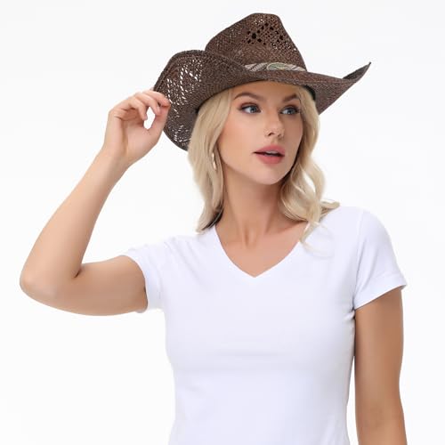 WQWOVRVO Cowboy Hat,Cowgirl Hat,Cowboy Hats for Women/Mens/Straw Wide with Shapeable Brim Western Cowboy Hat for Womens - color: Brownish Color