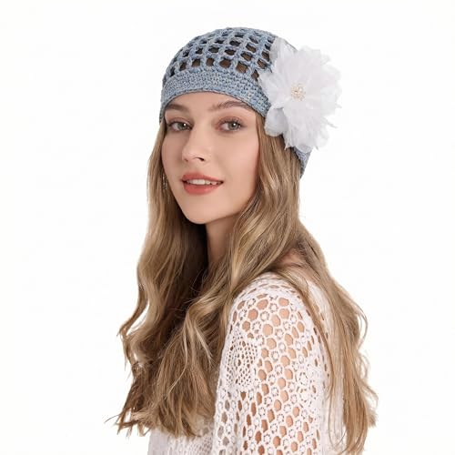 ZLYC Women Crochet Beanie Hat Summer Handmade Knit Decorated Skull Cap - color: Floral Blue
