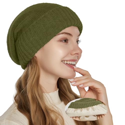 Facecozy Satin Lined Beanie for Women Soft Satin Lining Slouchy Winter Hats - color: Olive Green