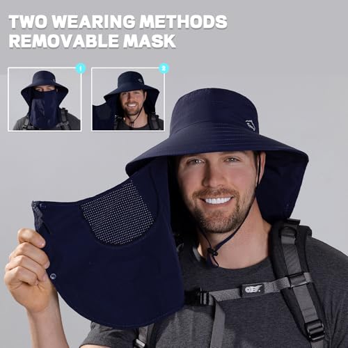 Rosoz Sun Hat for Men Women with Neck Flap& Removable Face Cover Wide Brim - color: 1pack-dark Blue