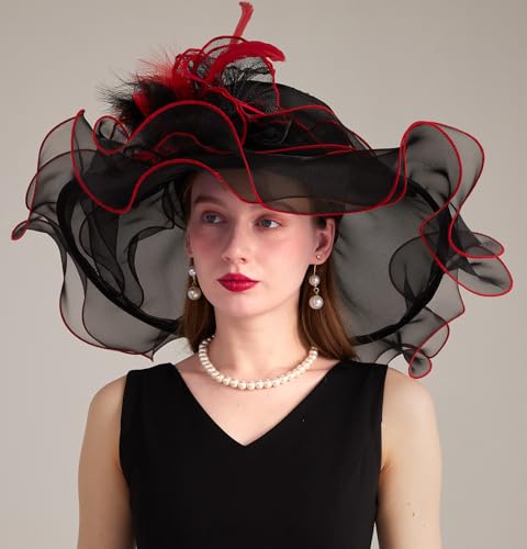 Women Derby Church Hat Organza Flower Wedding Tea Party Fascinator Wide Brim Sun Hat - color: 16-black Red