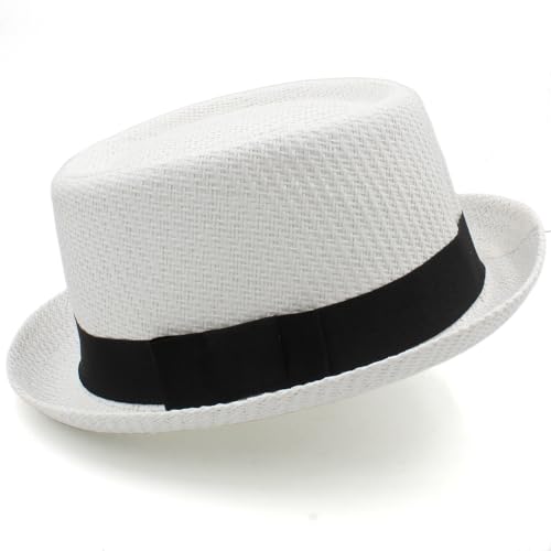 Unisex Adults Men Women Straw Pork Pie Hats Summer Sunhats Outdoor Fedora Party Trilby Caps US Size 7 1/8-7 1/4 UK Size M-L - color: White