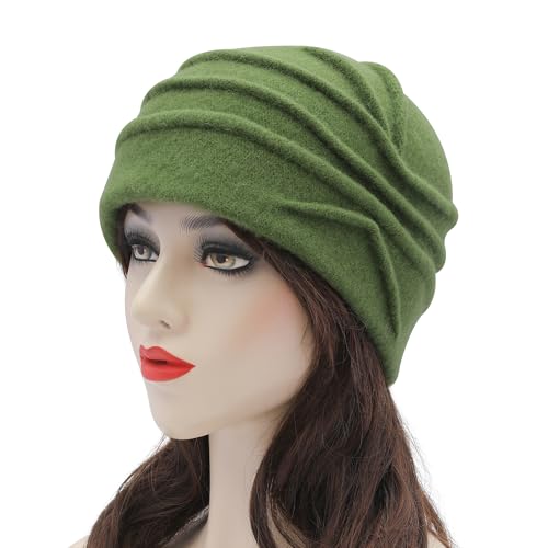 ZLYC Women Wool Cloche Bucket Hat 1920s Vintage Winter Hat with Flower - color: Flower Green