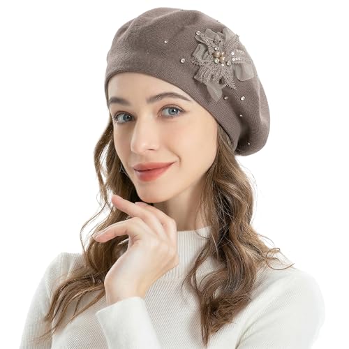 ZLYC Women French Beret Hat Reversible Solid Color Mosaic Warm Artist Cap - color: Bead Flower Brownish
