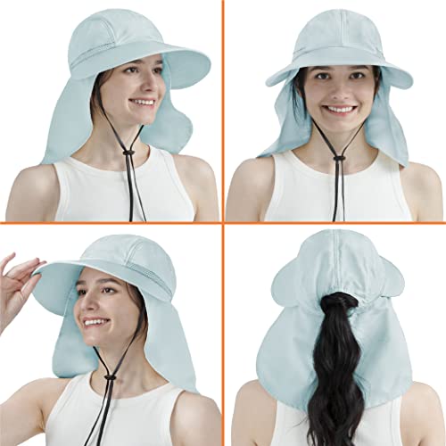 SUN CUBE Womens Sun Hat UPF 50+ with Ponytail Hole & Neck Flap - color: Light Blue