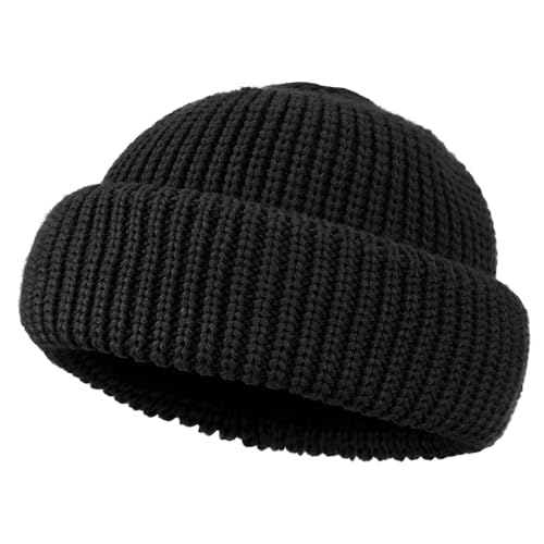 Clakllie Trawler Beanie Watch Hat Knit Cuffed Skullcap Roll-up Edge Stocking Hats Rolled Cuff Knitted Hat Ski Cap - color: Cdus-ddth3-black