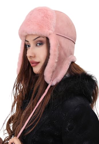 Unisex Shearling Sheepskin Leather Aviator Russian Ushanka Trapper Winter Fur Hat (Pink, Large)