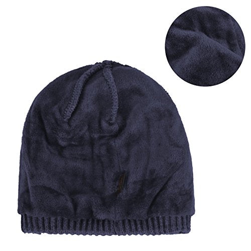 Original One Winter Wool Knitted Chunky Visor Beanie Hat with Brim Fur Lined Peaked Ski Cap - color: Blue