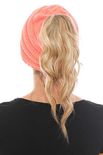 C.C BeanieTail Warm Knit Messy High Bun Ponytail Visor Beanie Cap - color: Neon Orange