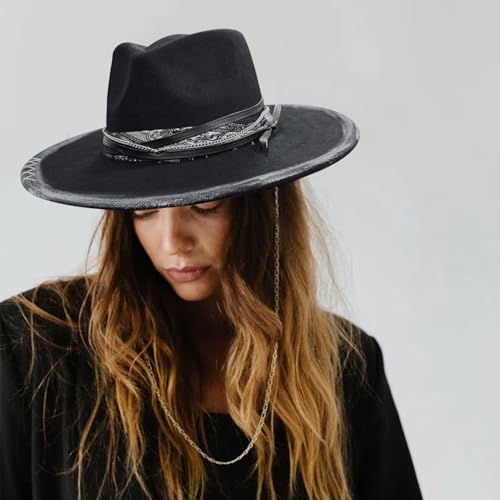 Wide Brim Fedora Hat for Men Women Retro Western Felt Hats - color: W-black