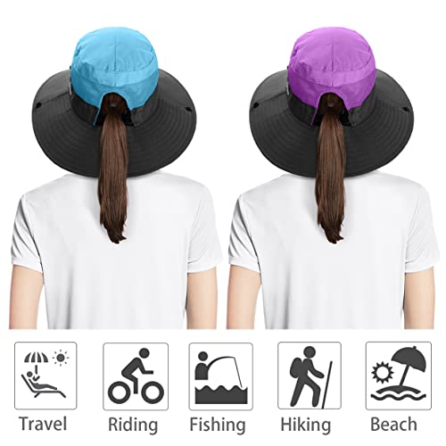 IYEBRAO 2 Pack Womens Ponytail Sun Hat UV Protection Bucket Hats Foldable Wide Brim Summer Boonie Beach Cap Fishing Hiking… - color: Purple & Sky Blue