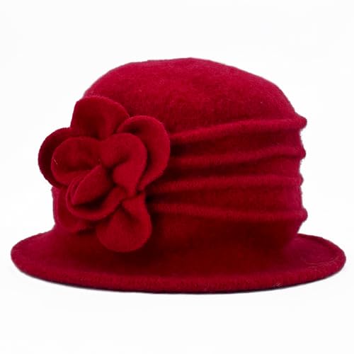 YING LAN Women Beret Hat Cloche Bucket Hat Vintage Floral Wool Classic Winter Hat 1920s - color: B-red