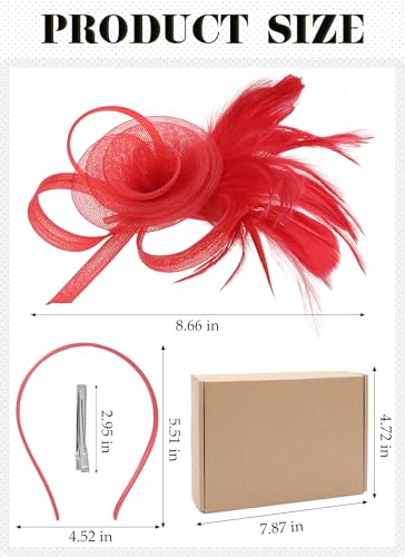 Zinniday Victorian Feather Fascinators Hats - 2025 Derby Attire Headwear with Hairpin,1920s Tea Party Hat for Woman - color: Red
