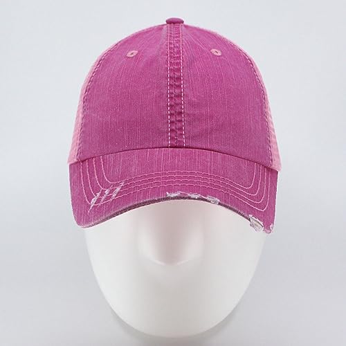 The Vintage Year Distressed Cotton Unstructured Soft Mesh Breathable Adjustable Dirty Wash Dad Hat Trucker Baseball Cap - color: Distressed Fuchsia