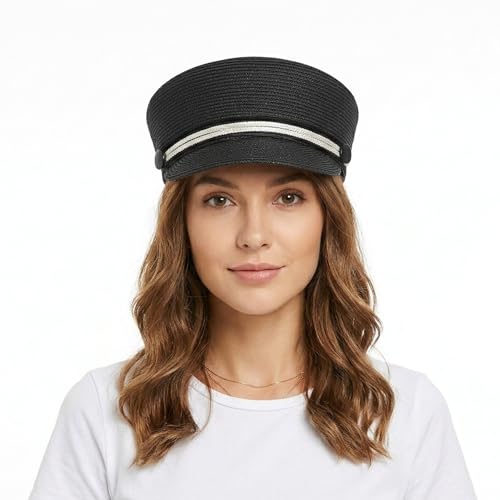 Women's Polyester Straw Newsboy Cap, Gatsby Ivy Style Visor Beach Hat, Adjustable - color: Black