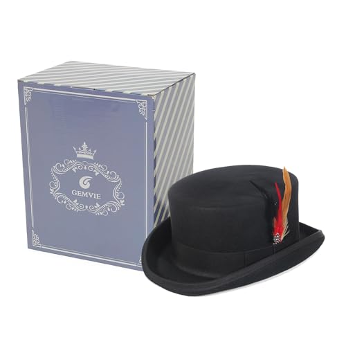 GEMVIE Men 100% Wool Top Hat Mad Hatter Satin Lined Black Low Top Hats for Party - color: Black-4.5" High, size: 6 7/8