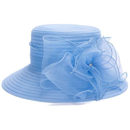 Womens Wedding Occasion Floral Wide Brim Church Dressy Sun Hat A323 - color: Blue