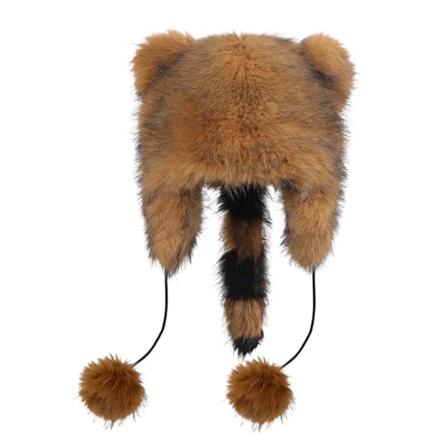 Raccoon Tail Parent-Child Plush Hat Warm Faux Fur Animal Hat with Tail - color: Adult Style