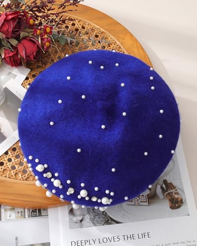 AWAYTR French Beret with Pearls & Rhinestones, Wool Beanie Hat for Women - color: Royal Blue