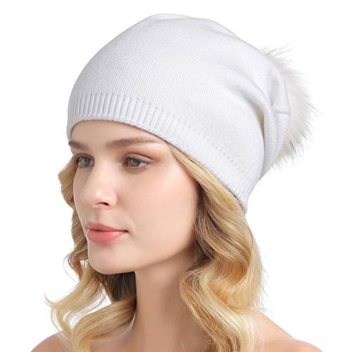 Women Knit Wool Beanie - Winter Fashion Solid Wool Hats Real Removable Raccoon Fur Pom Pom Warm Ski Beanie - color: 03- White