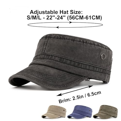 Military Cadet Army Cap for Men Women-Washed Cotton Vintage Adjustable Flat Top Baseball Hat - color: Washed Khaki