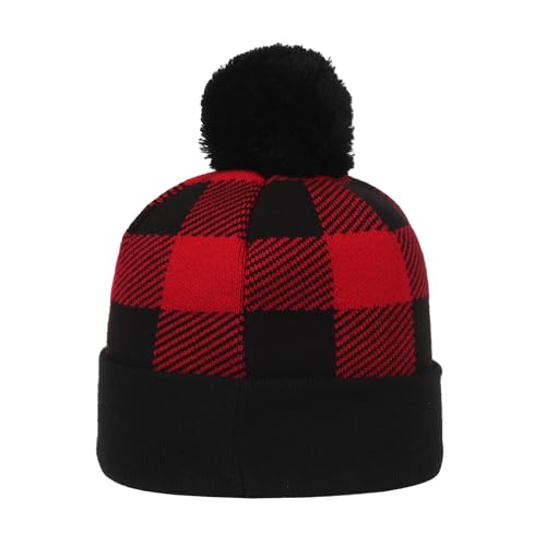Outdoor Cap Unisex Adult Sasquatch Knit Beanie with Cuff & Pom - color: Buffalo Plaid Red and Black