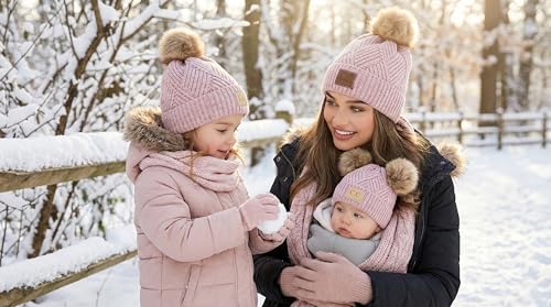 Funky Junque Mommy & Me Double Pom Beanies 3-Pack Matching Winter Hats for Mom, Toddler & Infant Girls, Cozy Knit Family Set - color: Adult/Toddler (Single Pom)/Infant (Double Pom) - Diagonal Stripes - Rose (3 Pack)