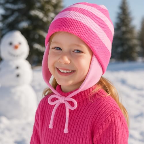 Pink Striped Beanie Hat with Ear Flap, Girls Funny Knitted Hat for Winter Outdoor Snow Ski Cap Age 3-8