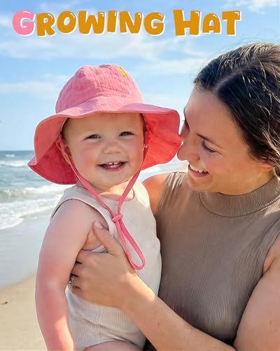 HONGTEYA Baby Sun Hat Muslin Wide Brim Toddler Girl Beach Bucket Hat - color: Rose/Pinktulip, size: 0-6 Months
