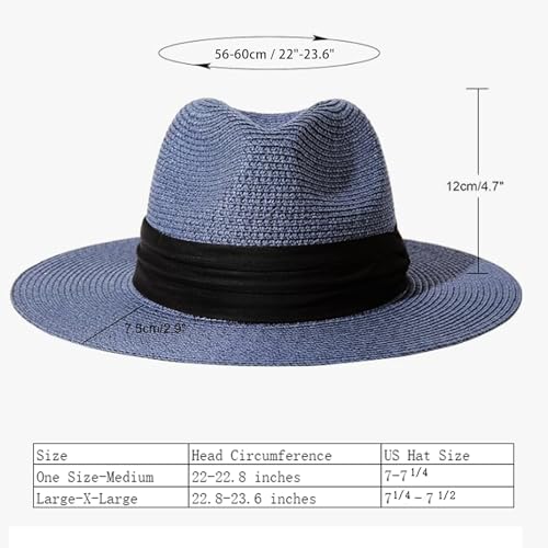 Lanzom Women Wide Brim Straw Panama Roll up Hat Fedora Beach Sun Hat UPF50+ - color: Blue, size: One Size-Medium