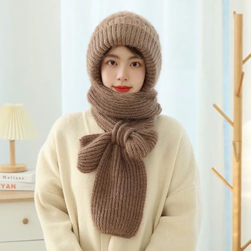Women Winter Warm Elastic Soft Ear Protection Knitted Scarf Hat Fleece Lined Beanie Hat - color: Khaki