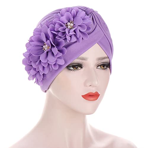 Flower Pre-Tied Turban Beanie, Soft Chemo Cap for Women Cancer Hair Loss - color: Light Purple