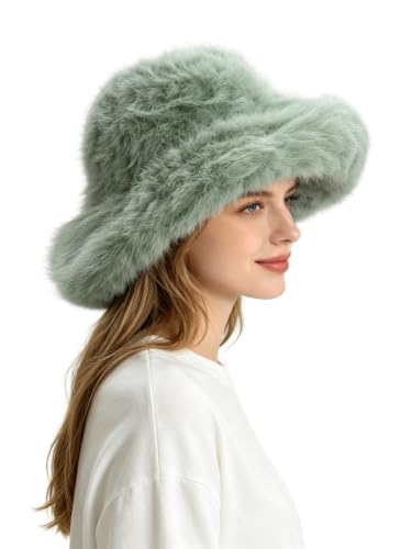 Lina & Lily Oversized Winter Faux Fur Bucket Hat for Women - Long Pile Fur Wide Moldable Brim - color: Mint Green