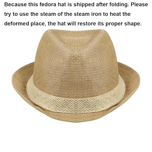 Short Brim Straw Fedora Hat Sun Protection Panama Hat Packable Jazz Beach Cap Roll Up Trilby Cap for Men Women - color: Khaki