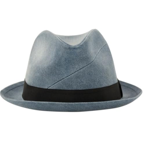 Men's Casual Vintage Style Washed Cotton Fedora Hat - color: Lt Blue Denim / Black Band, size: Small-Medium