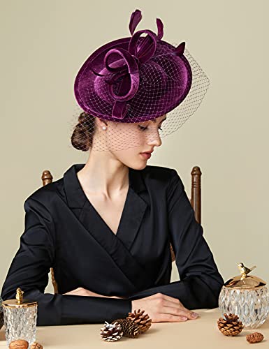 BABEYOND Fascinators Hats for Women Tea Party Velvet Veil Flat Derby Hat - color: Purple